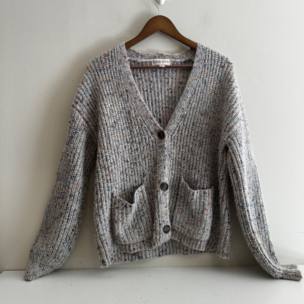 Knox Rose Women's Lg Grey Confetti Speckled Chunky Knit Button Front Cardigan